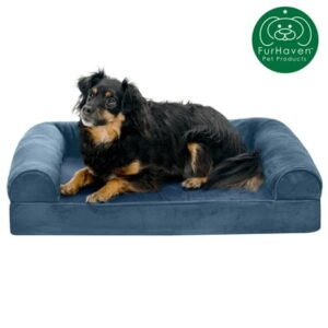 FurHaven Pet Products Faux Fur & Velvet Orthopedic Sofa Pet Bed for Dogs & Cats – Harbor Blue, Medium