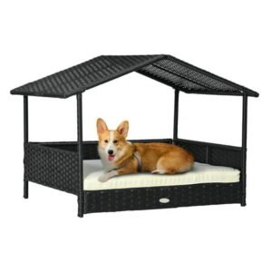 Dog House Outdoor with Canopy, Rattan Dog Bed with Cushion, for Small and Medium Dogs, Black