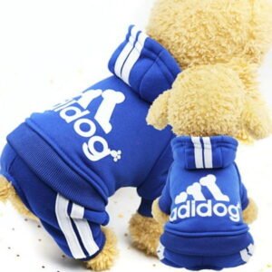 Adidog Signature Tracksuit Hoodie, Ultra Soft Cotton, Small to Medium Dog Apparel, Blue, Small