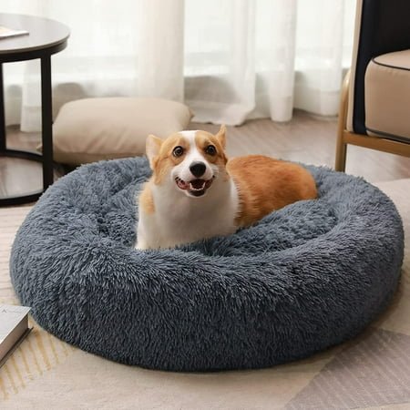 16 Inch Round Plush Pet Bed for Dogs & Cats,Fluffy Soft Warm Calming Bed Sleeping Kennel Nest,Dark Grey