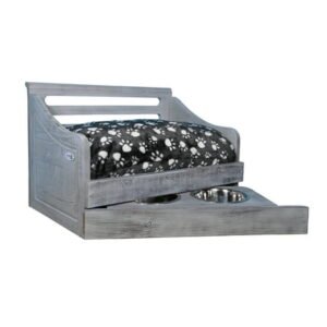 Iconic Pet Sassy Paws Multipurpose Wooden Pet Bed with Feeder for Dogs & Cats – Antique Gray – Medium