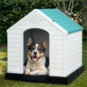 Uforic 32″ Plastic Dog House,Outdoor Waterproof Dog Houses with Elevated Floor & Air Vents,for Small Medium Dogs,34.5”L x 30.9”W x 32”H,Blue