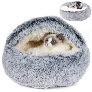 Katinyos Cat Bed & Dog Bed with Cover Cave, Machine Washable Cozy Cat Cave Bed, Pet Bed with Anti-Slip & Waterproof Bottom, Round Plush Fluffy Cat Condo for Improved Sleep-20inch