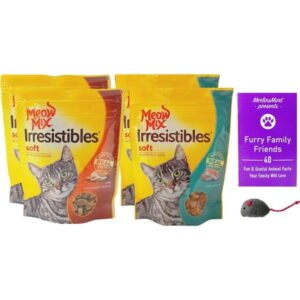 MerlinsMart Zine + Meow Mix Irresistibles Soft Cat Treats 2 Flavor 4 Pouch Variety Pack (2 Each): Salmon, White Meat Chicken (3 Ounces) – Plus Catnip Toy