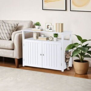 HomGarden Cat Hidden Washroom Pet Litter Box Enclosure Wooden Cabinrt W/Storage Shelf – White