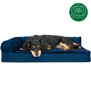 FurHaven Pet Products Plush & Velvet Deluxe Chaise Lounge Orthopedic Sofa-Style Pet Bed for Dogs & Cats – Deep Sapphire, Medium