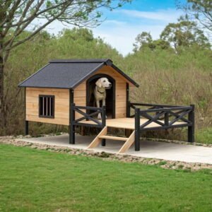 Pefilos 66″ Outdoor Dog House, Large Wooden Dog Kennel with Porch, Cabin House Style Pet Houses for Cats, Brown