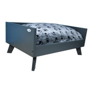 Iconic Pet Sassy Paws Raised Wooden Pet Bed with Removable Cushion for Dogs & Cats – Charcoal Gray – Small