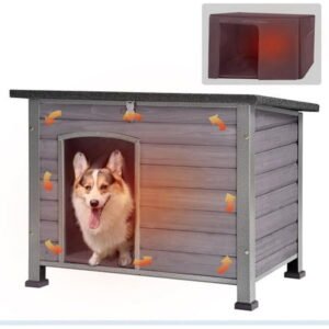 Aivituvin Insulated Dog House with Liner for Outdoor Winter Weatherproof Wooden Dog Kennel All-Around Iron Frame