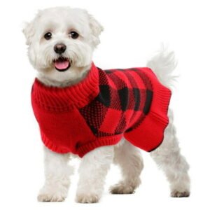 Qbleev Cozy Knit Turtleneck Sweater Dress, Warm, Plaid, Small Medium Dog Apparel, Pink, M