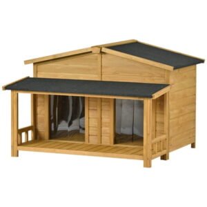 47.2″ Wood Dog House with Porch 2 Doors Asphalt Roof Elevated Floor, Outdoor Indoor Dog Crate Dog Cage