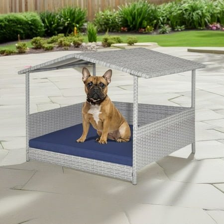 Pefilos 38″ Pet Dog Bed Furniture with Provide Pet Mat, Outdoor PE Wicker Dog House for Cat and Dog with Waterproof Roof Kennel, Gray+Blue