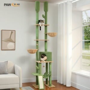 PAWZ Road 85-112″ Cactus Cat Tree Floor to Ceiling Adjustable Climbing Cat Tower Scratching Post 2-Hammocks, Green