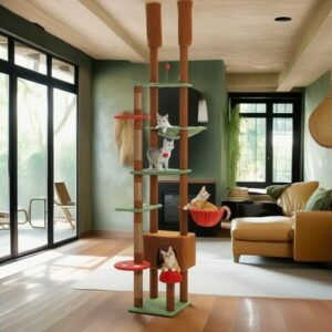 Demi Bonn Floor to Ceiling Tall Cat Tree Tower Adjustable (90.5″-100.4″) with Cat Condo, Cat Hammock and Scratching Post, Cat Climbing Tree for Indoor Large Cats, Brown