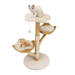 BingoPaw Wood Cat Climbing Tree Activity Tower with Plush Cushion Sisal Scratching Post for Multiple Cats