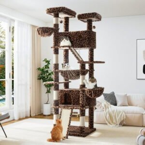 Allewie 81 Inches Multi-Level Tall Cat Tree for Large Cat, Cat Climbing Tree with Cat Condo and Hammock, Scratching Post, Wide Base, Leopard Print