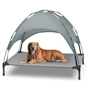 48 Inches Extra Large Elevated Dog Bed with Canopy, Portable Indoor Outdoor Pet Cot with Removable Canopy Shade Tent for Dogs and Cats, Grey