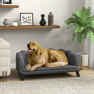 PawHut Pearl Design Pet Sofa for Medium and Large Sized Dogs, Pet Bed with Cushion and Solid Wood Legs, Charcoal Gray