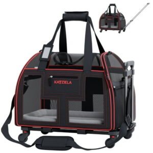 Katziela Luxury Lorry Pet Carrier Removable Wheels and Double Telescopic Handle (Black and Red) Pack 1