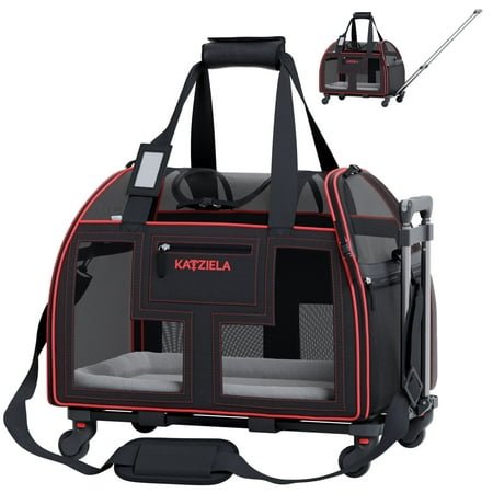 Katziela Luxury Lorry Pet Carrier Removable Wheels and Double Telescopic Handle (Black and Red) Pack 1