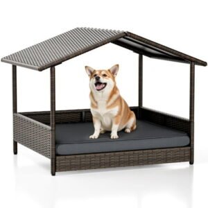 Homall Outdoor&Indoor Wicker Dog House with Removable Cushion Dog Shelter Dog Bed with Canopy Raised Dog Bed for Small/Medium Dogs,Brown