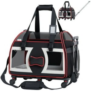 Katziela Bone Cruiser Pet Carrier Removable Wheels Telescopic Handle Airline Approved (Black and Red) Pack 1