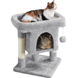 Alden Design 23.5″ H Cat Tree 2-Level Climbing Frame Wide Perch Scratching Stand, Light Gray