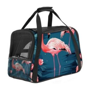 Flamingo Fabric Pet Carrier Bag 900D Oxford Cloth Sherpa Base Material 17x10x11.8 in/43x26x30 Cm Black Nylon Webbing Comfortable Pet Travel Bag for Small Medium s Dogs