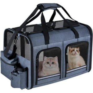 Cat Carrier for 2 Cats, Foldable Double Cat and Dog Carrier, Small to Medium Size, 2 Front Zippered Compartments,Two Pets Carrier for Outdoor Travel,Mulitple Cat Carrier, Grey