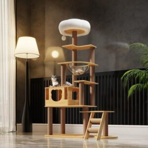 Mekidulu 6-Level 65″ Wooden Cat Tree Climbing Tower with Scratching Posts, Bowl, Brown