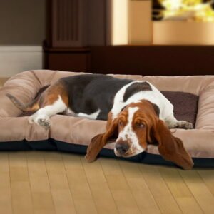 Dog Bed – 43×29 Pet Bed with Sherpa Sleep Surface, Memory Foam, Non-Skid Bottom, and Water-Resistant Nylon Neck Bolster Edging by PETMAKER (Tan)