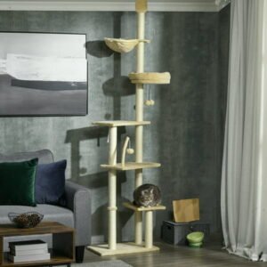 PawHut Floor to Ceiling Cat Tree with Hammock, Cat Climbing Tower, Beige