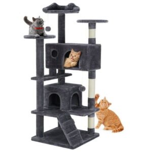CONCETTA 54″ Indoor Cat Tree Tower with Multiple Levels, Sisal Scratching Post, Climbing Ramp, Kitten Toy, Gray