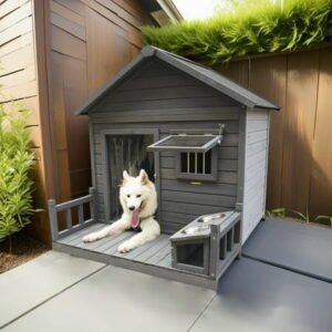 Demi Bonn 44″ Wooden Dog House Outdoor Large Dog Kennel Weatherproof with Two Metal Bowls, Terrace for Small to Medium Dogs, Gray