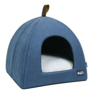 Foldable Cat Bed Breathable Cat House Indoor Tent Dog Bed with Mat (Blue, Size L)
