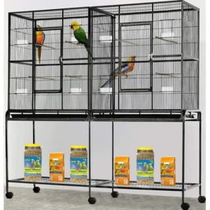 Deluxe LARGE Double Bird House Flight Breeder Breeding Cage Center Divider Side Nest Box Doors With Detachable Rolling Stand For Canary Parakeet Cockatiel Lovebird Finches