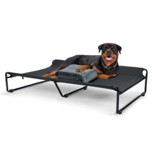 Veehoo Elevated Dog Bed with Dog Blanket, Outdoor Guardrail Raised Pet Cot, XX-Large, Black