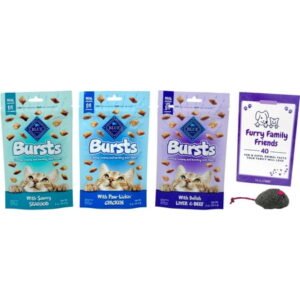 MerlinsMart Zine + Blue Buffalo Bursts Natural Treats for Cats 3 Flavors (1) Each: Liver Beef, Seafood, Chicken (2 Ounces) + Catnip Toy