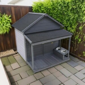 Pefilos 44″ Wooden Dog House Outdoor Large Dog Kennel Weatherproof with Small Doors that Can Be Locked, Terrace for Small to Medium Dogs, Gray
