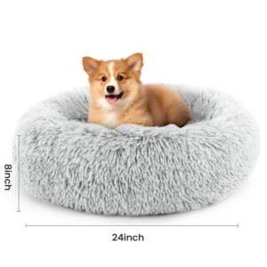edx Calming 24” Donut Dog Bed for Medium Dogs/Cats, Soft Warm Cozy Plush Round Fluffy, Machine Washable, Gray