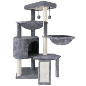 WK 37.4” Cat Tree Cat Tower with Scratching Posts, Activity Centre Climbing Tree Cat Furniture with Cat Condo and Two Hammocks, Grey