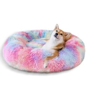 Exclusivo Mezcla Calming Donut Pet Bed for Small Dogs 20″, Anti-Anxiety Plush Cozy Warming Dog Bed, Pink Rainbow