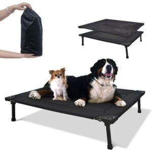 Elevated Outdoor Dog Cot with Metal Frame, Foldable Cooling Pet Bed, Black