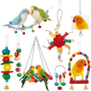 shuaien 8 PCS Bird Toys for Parakeets, Wood Parrots Toys, Budgie Toys for Bird Cage Accessories, Bird Perch Swings for Small Birds Toys, Bird Ladder Swing for Parakeets Climbing