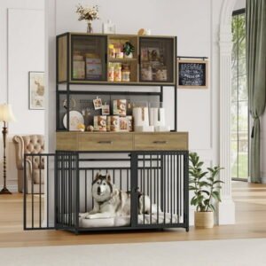 Hiphuta 71″ Tall Dog Crates Furniture, Indoor Dogs Kennel with Hutch, 42″W Dog Cage Furniture for Large/Medium Dogs, Decorative Sturdy Pet House, Rustic Brown