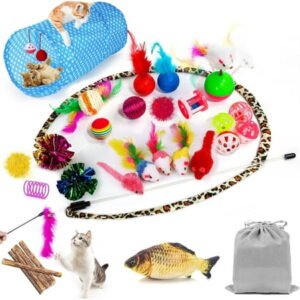 35 Pcs Cat Toys Kitten Toys Assortments, Variety Catnip Toy Set Including 2 Way Tunnel, Cat Feather Teaser, Catnip Fish, Mice, Colorful Balls and Bells for Cat, Puppy, Kitty