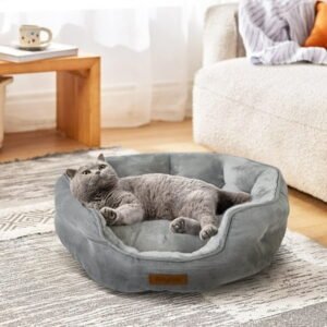 Anyask Round Pet Bed for Dogs & Cats Up to 15 lbs, Grey 20″x19″x6″