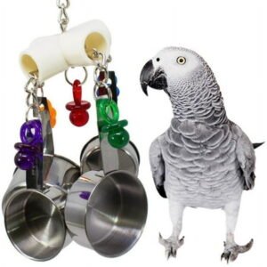 Clearance! 4 in 1 Pet Parrot Pot Toy, Bird Chew Toys with Stainless Steel Pot Which Hanging in Cage for Parrot Conure Cockatoo Macaw African Grey Parakeet Cockatiel Lovebird Finch Cage