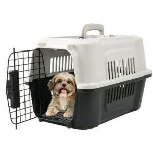 Fruggis Two-Door Dog Kennel with Top Opening, Plastic Dog Crate Porable for Pets up to 10 lbs, 19″ – Taupe & Black