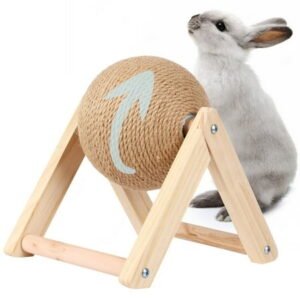 Cat Scratch Ball, Spinning Cat Scratching Toy, Anti-Scratch Natural Sisal Scratch Ball with Stable Wood Base, Interactive Pet Scratcher Toy for Rabbits, Cats, Chinchillas